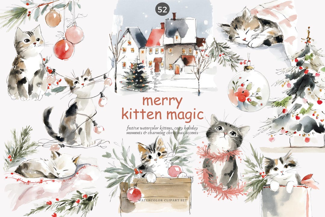 Watercolor Christmas Kitten Clipart Set, Cozy Holiday Cats, Festive ...