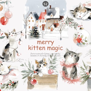 watercolor christmas kitten clipart set, cozy holiday cats, festive winter kittens, cute watercolor pet illustrations for cards & crafts image 1