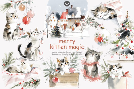 watercolor christmas kitten clipart set, cozy holiday cats, festive winter kittens, cute watercolor pet illustrations for cards & crafts