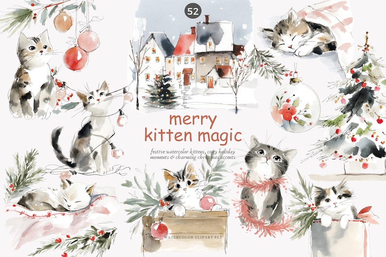 watercolor christmas kitten clipart set, cozy holiday cats, festive winter kittens, cute watercolor pet illustrations for cards & crafts image 1