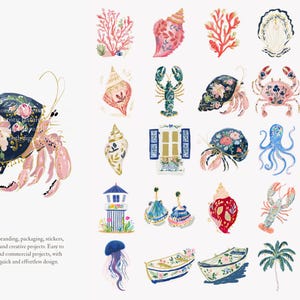 May include: Watercolor illustrations of various sea creatures and nautical elements, including a hermit crab, seashells, coral, and a lobster. The designs feature floral patterns and a soft color palette.