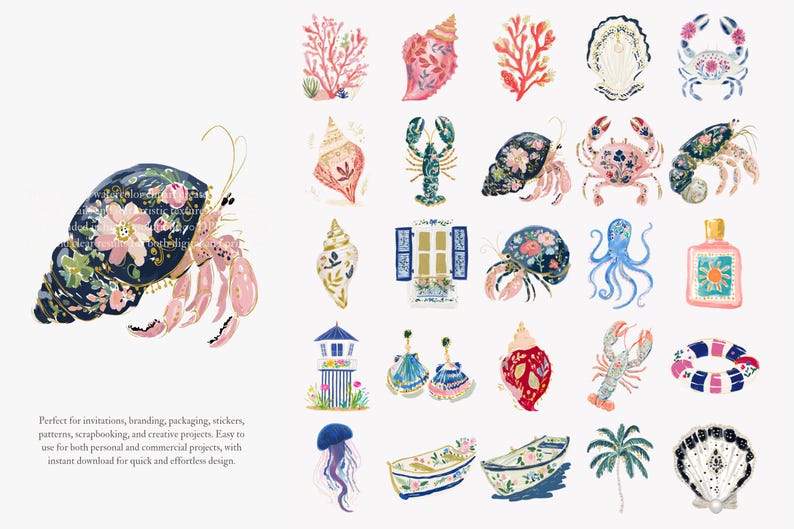 May include: Watercolor illustrations of various sea creatures and nautical elements, including a hermit crab, seashells, coral, and a lobster. The designs feature floral patterns and a soft color palette.