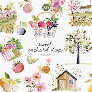Puede incluir: Ilustración en acuarela con elementos de huerto. Incluye una cesta de frutas, una casa, árboles y el texto "sweet orchard days". La imagen tiene una paleta de colores suaves y pastel.