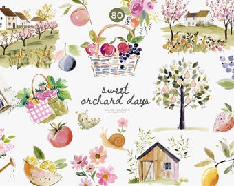 sweet orchard days watercolor clipart, fruit trees countryside houses, spring orchard illustrations, cottagecore fruit png