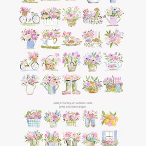 May include: Watercolor illustrations of floral arrangements in baskets, vases, and watering cans. Includes a bicycle, tea sets, and boots. The text reads "Ideal for nursery art, invitations, cards, prints, and creative designs."
