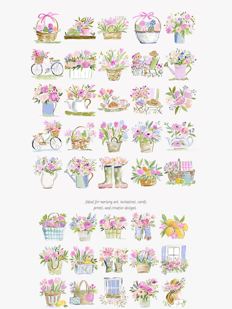 May include: Watercolor illustrations of floral arrangements in baskets, vases, and watering cans. Includes a bicycle, tea sets, and boots. The text reads "Ideal for nursery art, invitations, cards, prints, and creative designs."