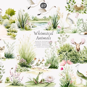 Clipart aquarelle - illustration png - animaux fantaisistes - décoration de chambre d'enfant - design de conte de fées - charme de la forêt - amis de la forêt - flore des chalets