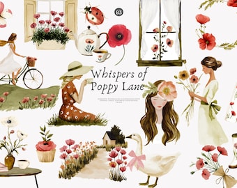 watercolor clipart - png illustration - poppy flower - cottagecore art - coquette aesthetic - floral decor - romantic design - country scene