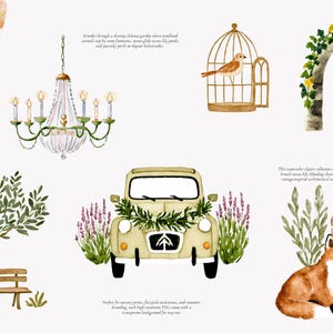 May include: Watercolor illustrations of a vintage car with floral accents, a chandelier, a bird in a cage, a fox, and a decorative archway. The image has a soft, romantic aesthetic with a neutral background.