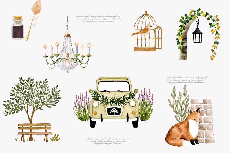 May include: Watercolor illustrations of a vintage car with floral accents, a chandelier, a bird in a cage, a fox, and a decorative archway. The image has a soft, romantic aesthetic with a neutral background.