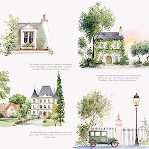 May include: Watercolor illustrations of French chateaus and buildings with lush greenery. The images depict various architectural styles, including a house covered in ivy, a building with a dormer window, and a vintage car.