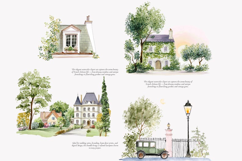 May include: Watercolor illustrations of French chateaus and buildings with lush greenery. The images depict various architectural styles, including a house covered in ivy, a building with a dormer window, and a vintage car.