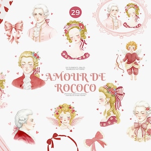 May include: Watercolor illustrations of Rococo-era figures, including portraits of men and women in period clothing, a cupid, and decorative bows. The text "AMOUR DE ROCOCO" is displayed in a decorative font, along with the number "29".