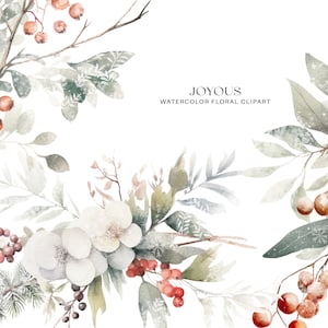 Può includere: Clipart ad acquerello con tre rami con foglie, bacche e fiori. I rami sono dipinti in tonalità di verde, marrone e bianco, con una leggera spolverata di neve. Le bacche sono rosse, arancioni e marroni. I fiori sono bianchi e hanno una delicata texture ad acquerello. Il testo "JOYOUS WATERCOLOR FLORAL CLIPART" è scritto in nero nella parte superiore dell'immagine.