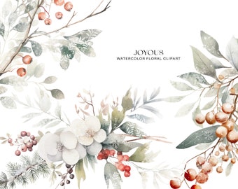 winter florals – watercolor leaves – frosty berries – rustic foliage – botanical frame – winter greenery – holiday clipart – festive florals