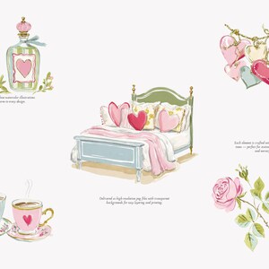 May include: Watercolor illustrations of a bed with heart-shaped pillows, a perfume bottle, teacups, and a rose. The bed is light blue with a pink blanket. The perfume bottle is green with a pink heart. The teacups are pink and blue.