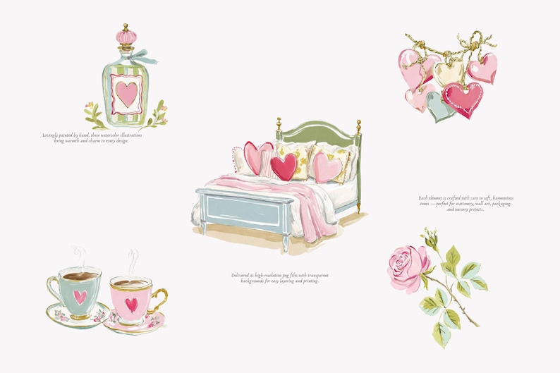 May include: Watercolor illustrations of a bed with heart-shaped pillows, a perfume bottle, teacups, and a rose. The bed is light blue with a pink blanket. The perfume bottle is green with a pink heart. The teacups are pink and blue.