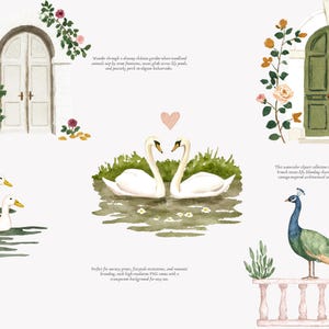 May include: Watercolor clipart collection featuring a white arched door with floral accents, a pair of swans, ducks, a peacock, and a green arched door. The illustrations have a soft, romantic aesthetic.