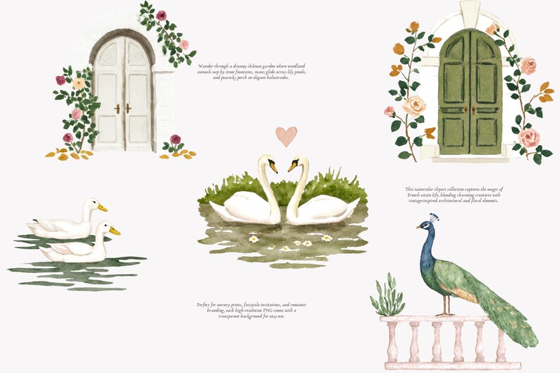 May include: Watercolor clipart collection featuring a white arched door with floral accents, a pair of swans, ducks, a peacock, and a green arched door. The illustrations have a soft, romantic aesthetic.