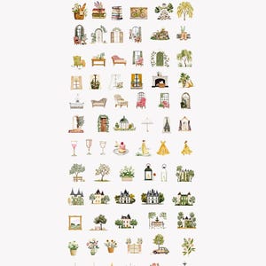 May include: A collection of 100 watercolor clipart images with a whimsical theme. The illustrations include shoes, flowers, books, bicycles, arches, furniture, dresses, castles, and more. The text "WHIMSICAL CLIPART SET" is at the bottom.