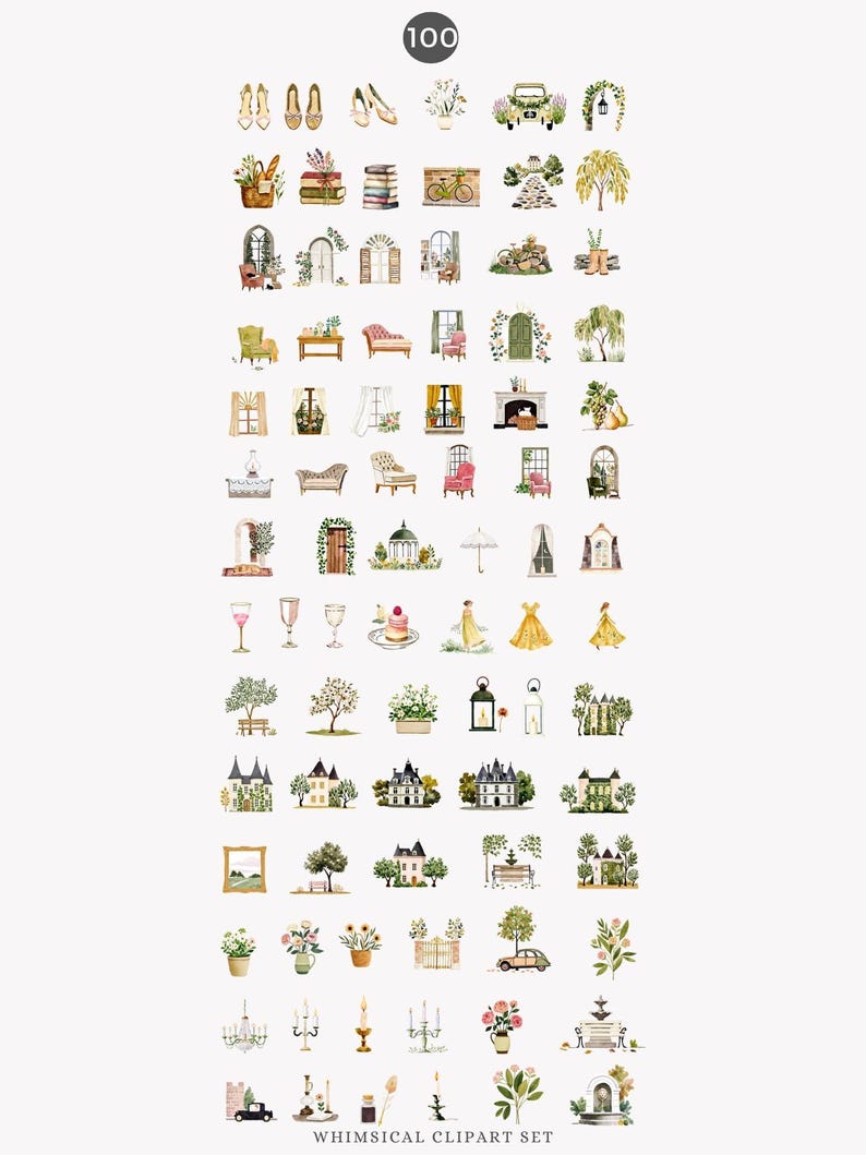 May include: A collection of 100 watercolor clipart images with a whimsical theme. The illustrations include shoes, flowers, books, bicycles, arches, furniture, dresses, castles, and more. The text "WHIMSICAL CLIPART SET" is at the bottom.