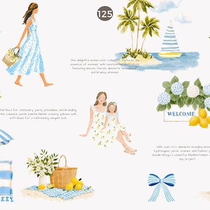 May include: Watercolor illustrations featuring women in summer dresses, lemons, hydrangeas, a picnic scene, and a sailboat. The image has a Mediterranean theme with a blue and yellow color palette.