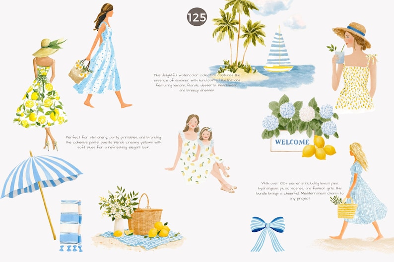 May include: Watercolor illustrations featuring women in summer dresses, lemons, hydrangeas, a picnic scene, and a sailboat. The image has a Mediterranean theme with a blue and yellow color palette.