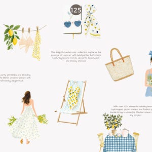 May include: Watercolor illustrations featuring summer themes. The image includes a beach chair, a tote bag, a woman with flowers, and a table setting. Other elements include lemons, dresses, and accessories. The color palette is soft with creamy yellows and blues.