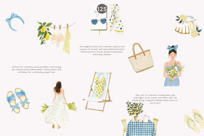 May include: Watercolor illustrations featuring summer themes. The image includes a beach chair, a tote bag, a woman with flowers, and a table setting. Other elements include lemons, dresses, and accessories. The color palette is soft with creamy yellows and blues.