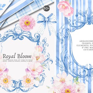 flor real - aquarela floral - moldura barroca - padrão vintage - listras sem costura - arranjo floral - clipart pastel - borda azul