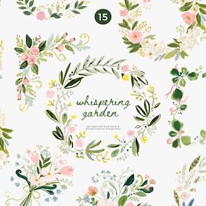 clipart di ghirlande floreali ad acquerello, cornici di ghirlande botaniche, bordure di fiori verdi, fiori da giardino pastello png, design di inviti di nozze