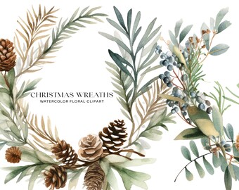 winter clipart - watercolor Christmas clipart - winter clipart - evergreen wreaths - winter wreath png watercolor Christmas decor - wedding