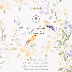 Vogel Clipart - Blumen Aquarell - Natur Kunstwerk - Singvogel Druck - Aquarell Vögel - Botanische Clipart - Pastellblumen - Eleganter Kranz