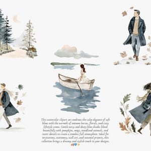 May include: Watercolor clipart set featuring illustrations of people in autumn scenes, including a person in a boat, figures walking, and a landscape with trees. The text describes the set's themes and uses.