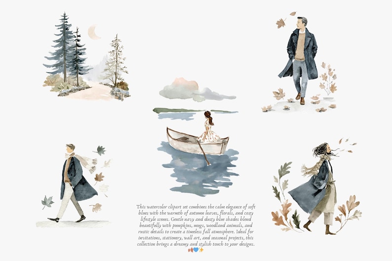 May include: Watercolor clipart set featuring illustrations of people in autumn scenes, including a person in a boat, figures walking, and a landscape with trees. The text describes the set's themes and uses.