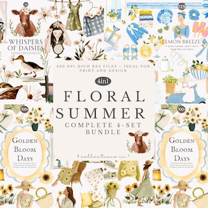 floral summer clipart bundle, watercolor cottagecore illustrations, vintage sunflower daisies lemon blue set, 4-in-1 jpeg pack