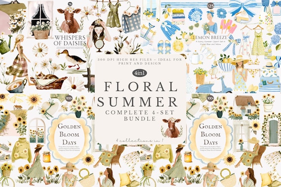 floral summer clipart bundle, watercolor cottagecore illustrations, vintage sunflower daisies lemon blue set, 4-in-1 jpeg pack