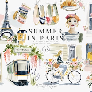 Könnte beinhalten: Aquarell-Illustration mit Pariser Thema, mit dem Eiffelturm, einer Frau mit Baskenmütze, einem Fahrrad und verschiedenen Pariser Elementen. Der Text "Summer in Paris" ist in der Mitte des Bildes zu sehen.