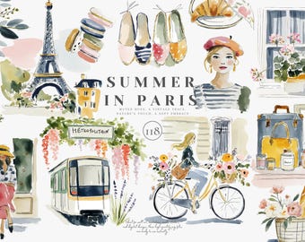 paris clipart, summer paris, french clipart, parisian woman, cafe scene, eiffel tower, floral bouquet, pastel fashion, travel clipart, png