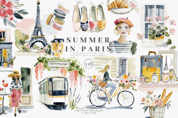 paris clipart, summer paris, french clipart, parisian woman, cafe scene, eiffel tower, floral bouquet, pastel fashion, travel clipart, png