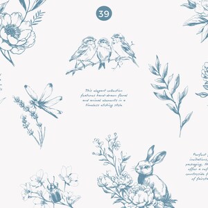 Może przedstawiać: Niebiesko-białe ilustracje botaniczne z kwiatami, ptakami i kr&oacute;likiem. Tekst brzmi: "Delikatne r&oacute;że, drodzy, motyle, łabędzie i leśne motywy wnoszą romantyczny, antyczny urok do Twoich kreatywnych projekt&oacute;w."