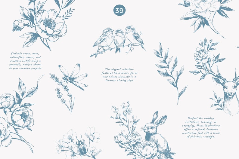 Może przedstawiać: Niebiesko-białe ilustracje botaniczne z kwiatami, ptakami i kr&oacute;likiem. Tekst brzmi: "Delikatne r&oacute;że, drodzy, motyle, łabędzie i leśne motywy wnoszą romantyczny, antyczny urok do Twoich kreatywnych projekt&oacute;w."