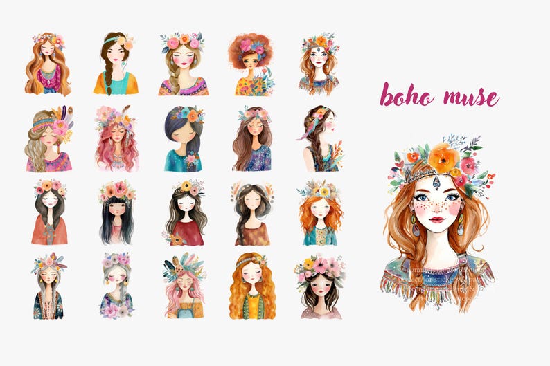 Boho Muse Clipart, Earthy Tone Women Png, Bohemian Portrait ...