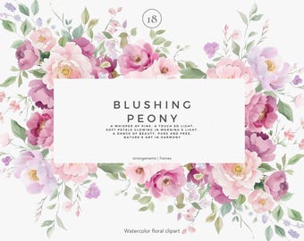 floral clipart - watercolor peonies - botanical illustration - rose bouquet - wedding florals - soft pastels - elegant flowers - digital