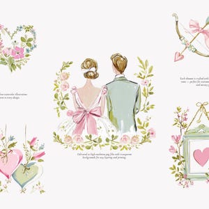 May include: Watercolor illustrations featuring wedding-themed elements. Includes a couple, a heart-shaped floral arrangement, a bow and arrow, two hanging hearts, and a framed heart. Soft pinks, greens, and whites create a romantic aesthetic.