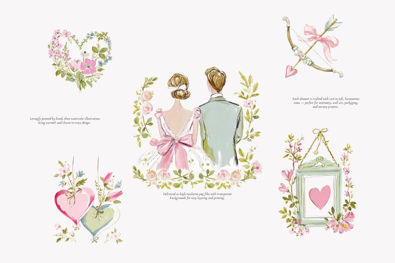 May include: Watercolor illustrations featuring wedding-themed elements. Includes a couple, a heart-shaped floral arrangement, a bow and arrow, two hanging hearts, and a framed heart. Soft pinks, greens, and whites create a romantic aesthetic.