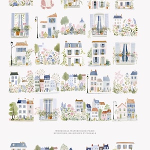 May include: Watercolor illustration featuring Parisian buildings with balconies and floral arrangements. The artwork showcases a variety of colorful houses with blue shutters, surrounded by flowers and greenery. The text at the bottom reads "Whimsical Watercolor Paris Buildings, Balconies & Florals."