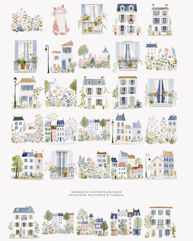 May include: Watercolor illustration featuring Parisian buildings with balconies and floral arrangements. The artwork showcases a variety of colorful houses with blue shutters, surrounded by flowers and greenery. The text at the bottom reads "Whimsical Watercolor Paris Buildings, Balconies & Florals."