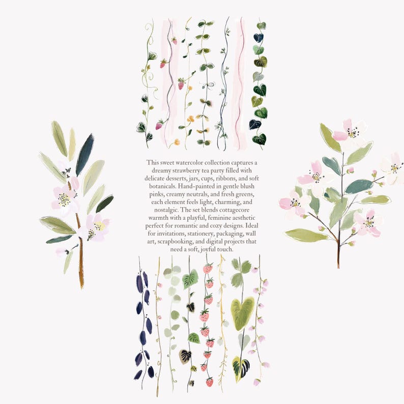 Puede incluir: Ilustraci&oacute;n en acuarela con elementos bot&aacute;nicos, incluyendo vides con fresas, hojas y flores en tonos rosas, verdes y neutros. Ideal para invitaciones, papeler&iacute;a y arte mural, con una est&eacute;tica femenina y so&ntilde;adora.