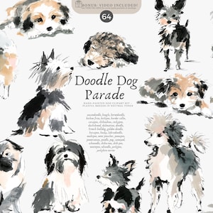 Puede incluir: Ilustraciones en acuarela de varias razas de perros en tonos neutros. La imagen incluye el texto "Doodle Dog Parade" y "Hand-Painted Dog Clipart Set". El número "64" también es visible.